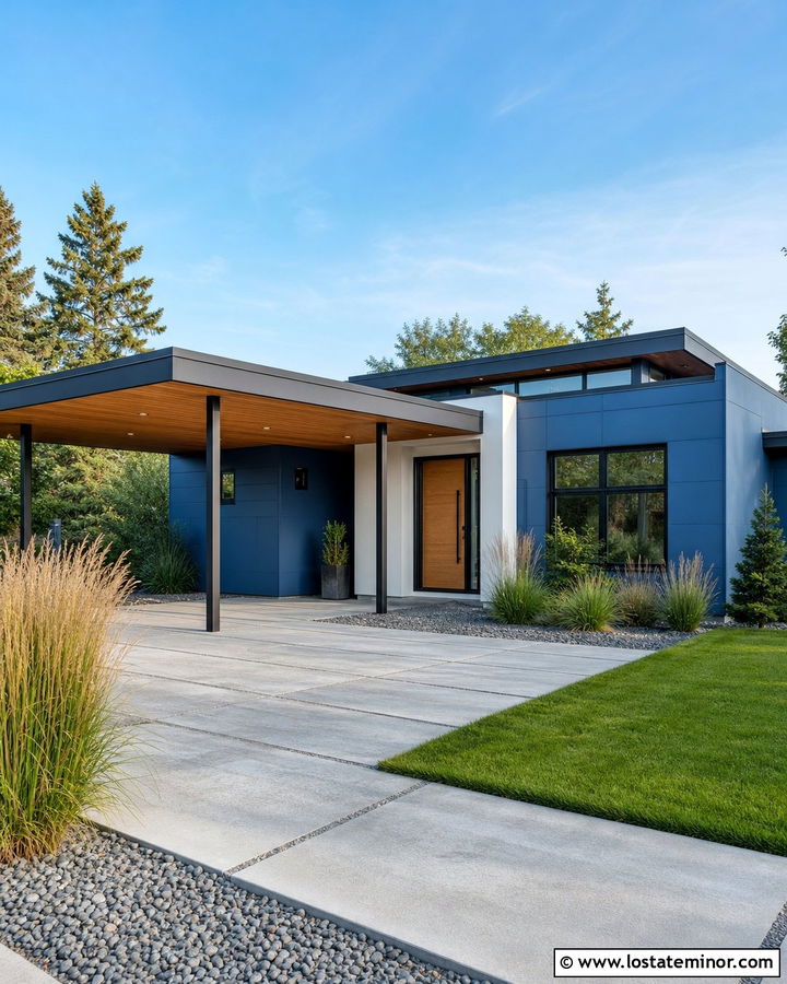 Denim Blue Modern House With Flat Roof Carport - 30 Denim Blue House Design With Carport Ideas