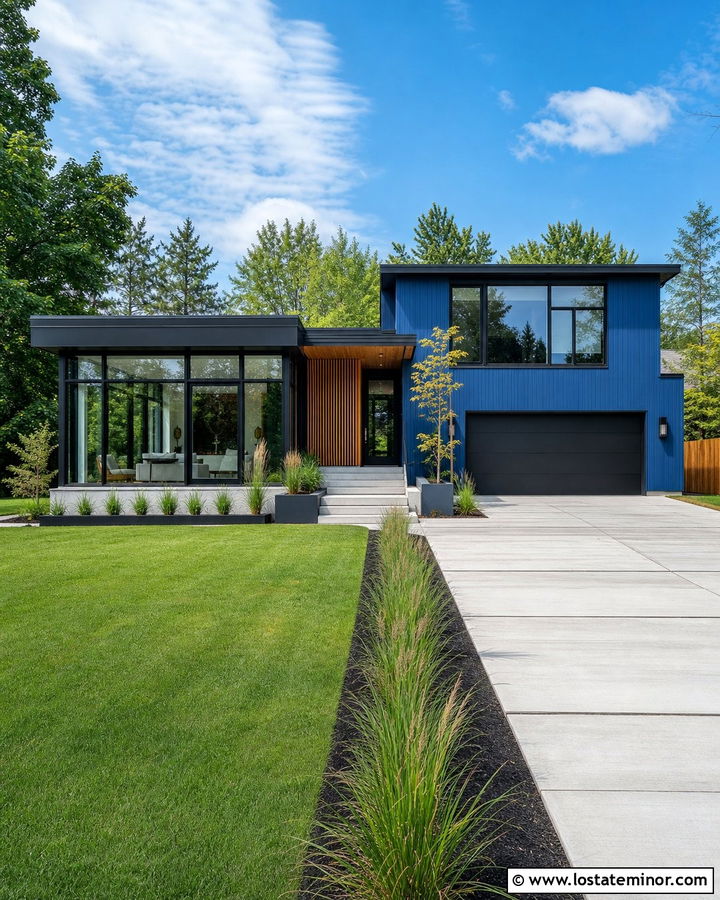 Denim Blue Modern House With Flat Roof Sunroom - 30 Denim Blue House Design With Sunroom Ideas