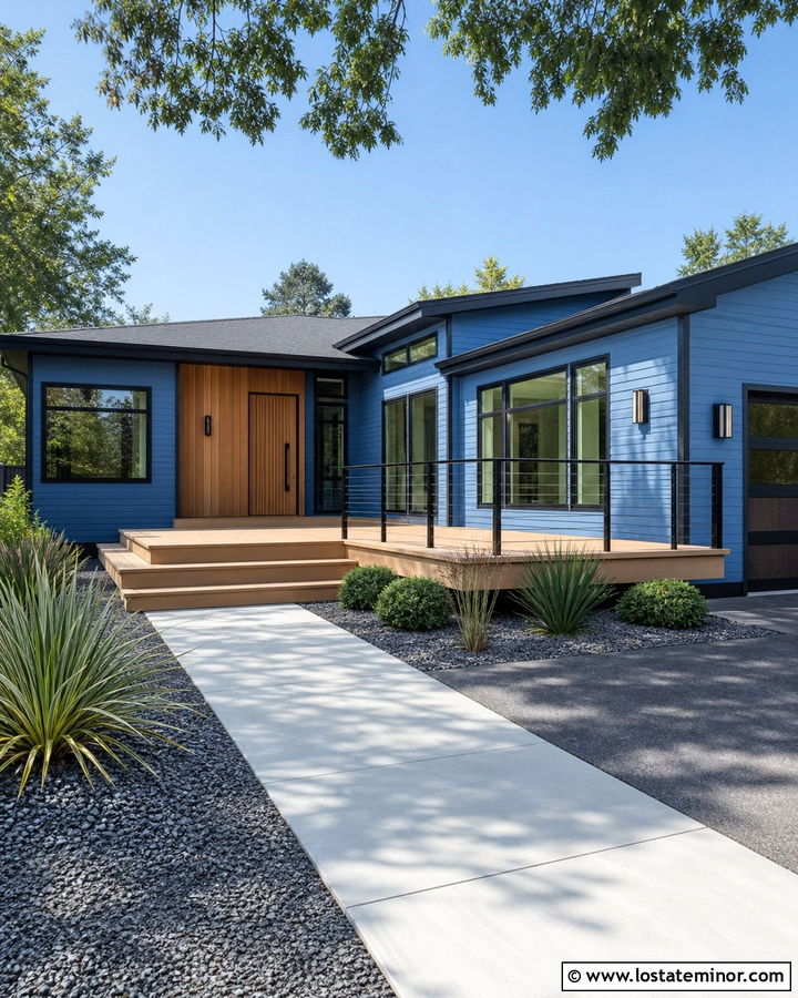 Denim Blue Modern House With Floating Deck - 30 Denim Blue House Design With Deck Ideas