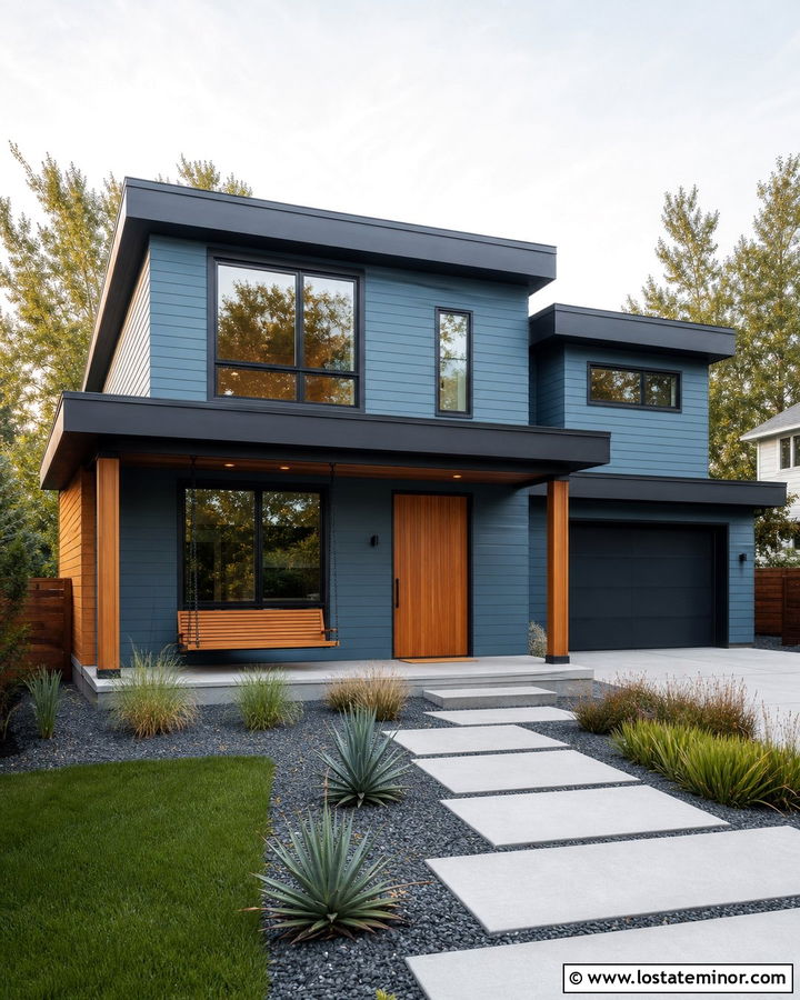 Denim Blue Modern House With Floating Swing - 30 Denim Blue House Design With Swing Ideas