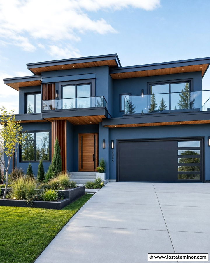 Denim Blue Modern House With Glass Railings - 30 Denim Blue House Design With Railings Ideas