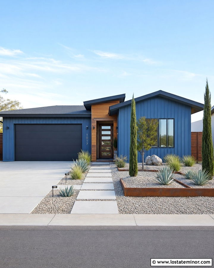 Denim Blue Modern House With Gravel And Succulents - 30 Denim Blue House Design With Landscaping Ideas