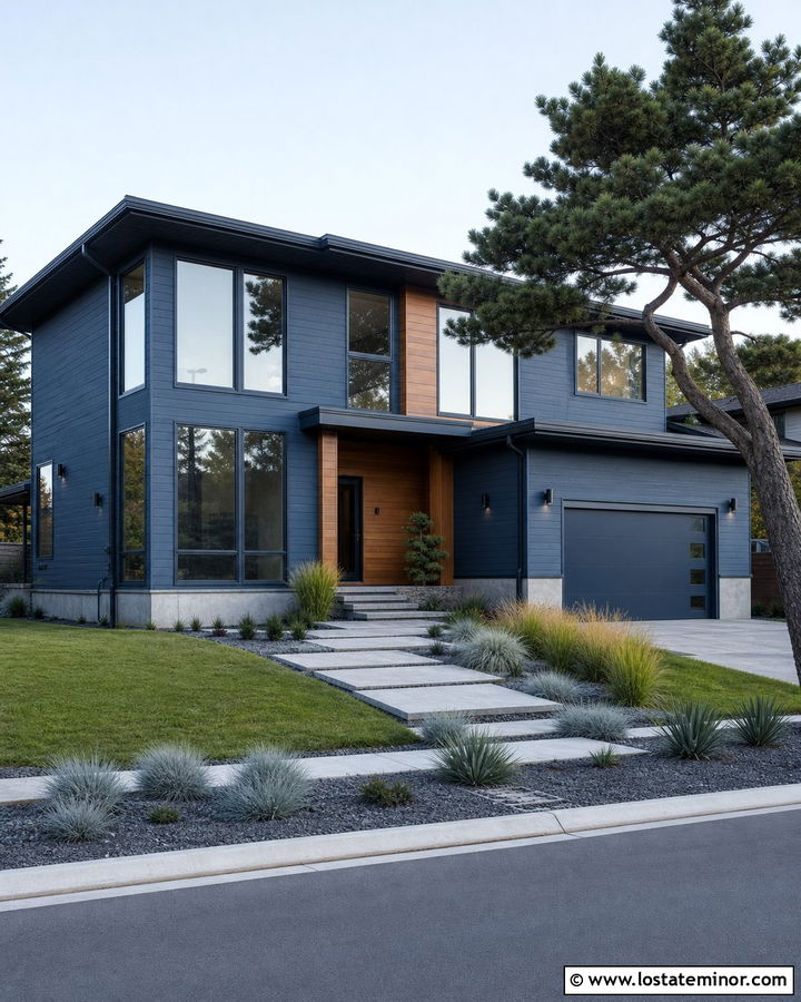 Denim Blue Modern House With Matching Window Frames - 30 Denim Blue House Design With Window Frames Ideas