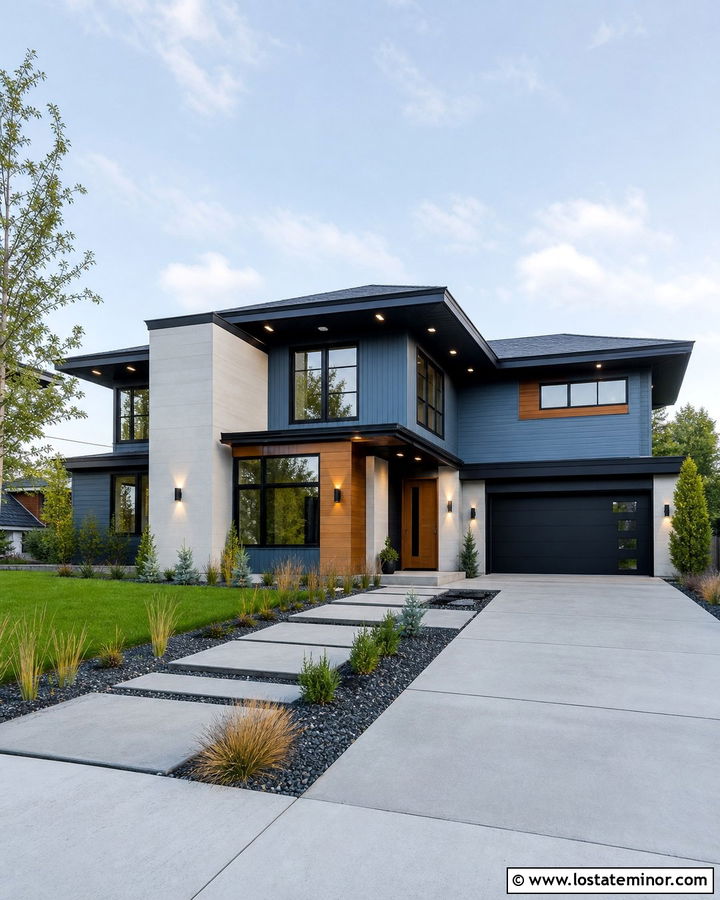 Denim Blue Modern House With Recessed Soffit Lights - 30 Denim Blue House Design With Light Fixtures Ideas
