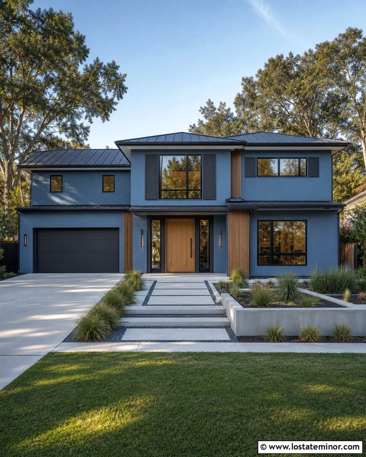 Denim Blue Modern House With Slim Shutters - 30 Denim Blue House Design With Shutters Ideas