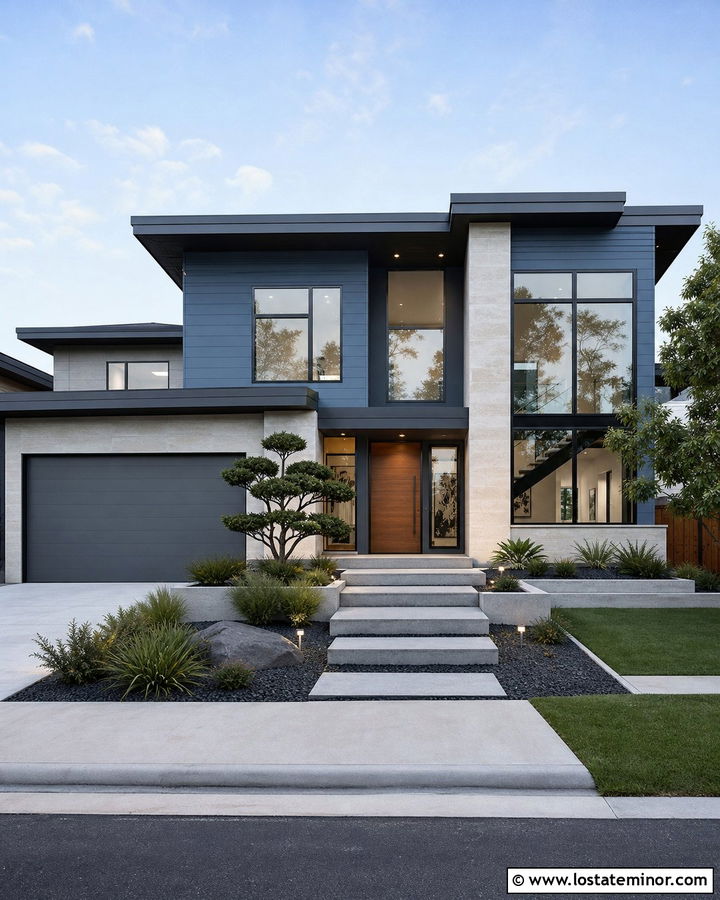 Denim Blue Modern House With Steel Gray Window Frames - 30 Denim Blue House Design With Window Frames Ideas