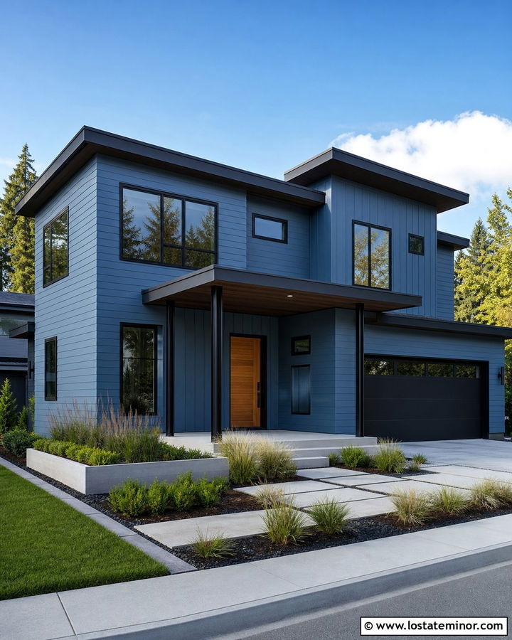 Denim Blue Modern House With Steel Porch Columns - 30 Denim Blue House Design With Porch Columns Ideas