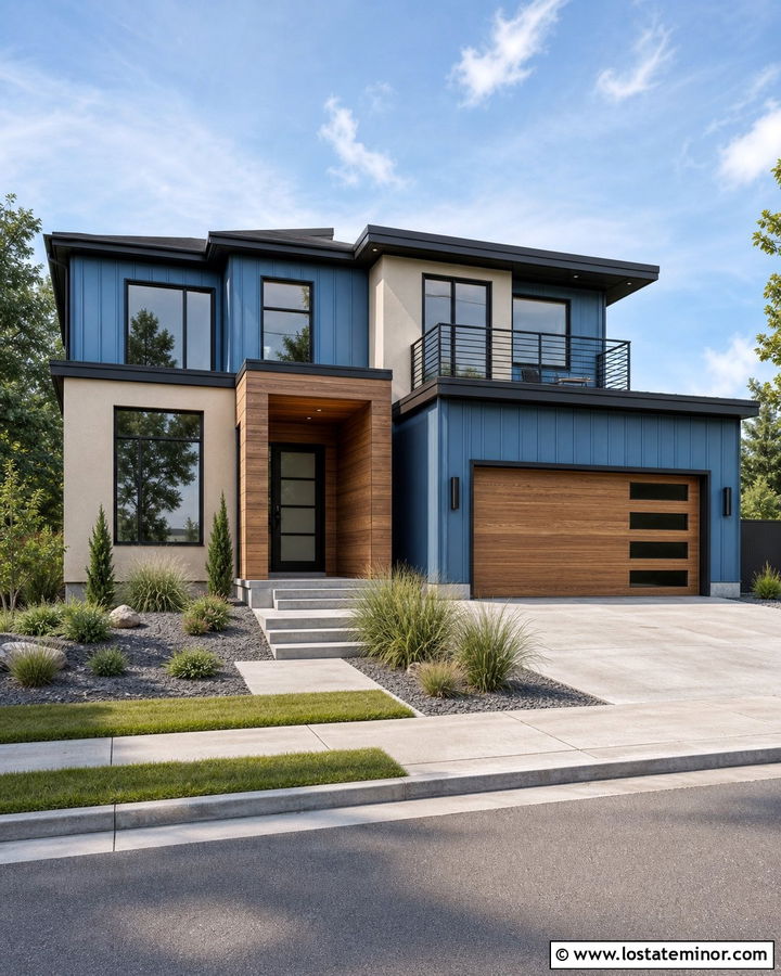 Denim Blue Modern House With Wood And Stucco - 30 Denim Blue House Design With Accents Ideas
