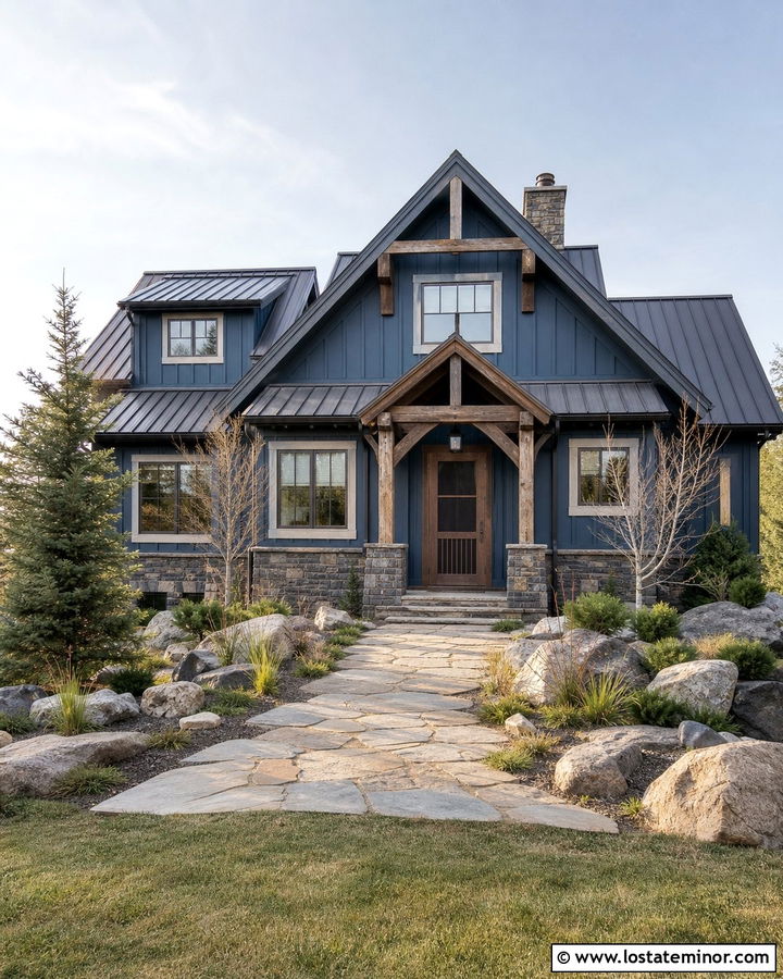 Denim Blue Mountain House With Brown Screen Door - 30 Denim Blue House Design With Screen Door Ideas
