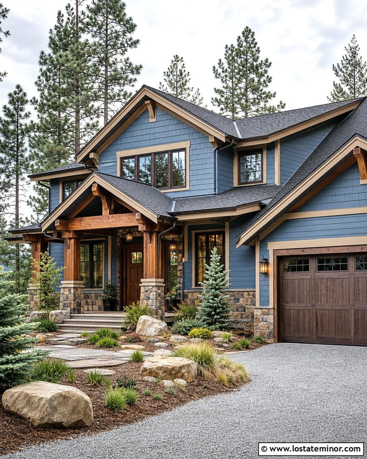 Denim Blue Mountain House With Dark Brown Window Frames - 30 Denim Blue House Design With Window Frames Ideas