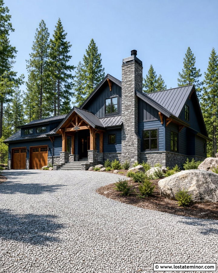 Denim Blue Mountain House With Ledgestone Chimney - 30 Denim Blue House Design With Chimney Ideas