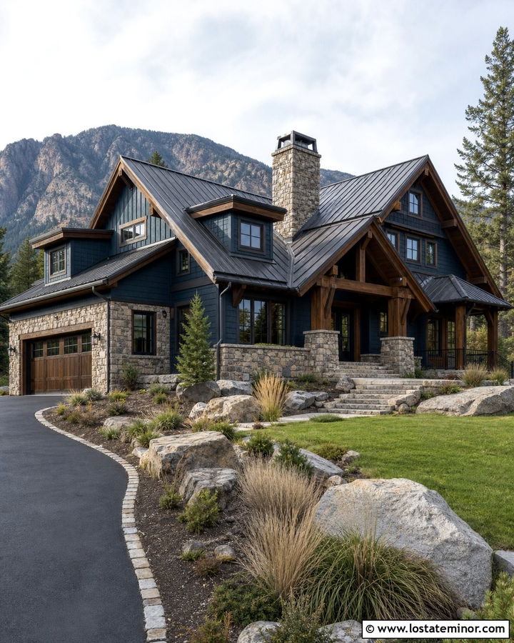 Denim Blue Mountain House With Natural Stone - 30 Denim Blue House Design With Stone Accents Ideas
