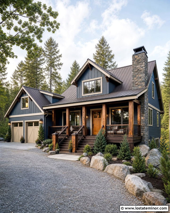 Denim Blue Mountain House With Rustic Deck - 30 Denim Blue House Design With Deck Ideas