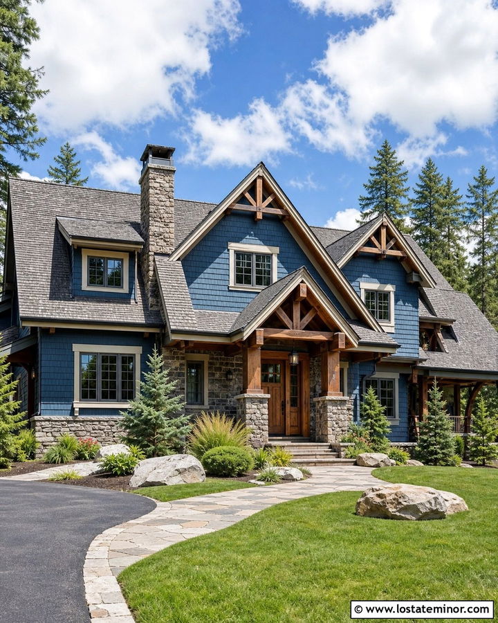 Denim Blue Mountain House With Stone Chimney - 30 Denim Blue House Design With Shingles Ideas