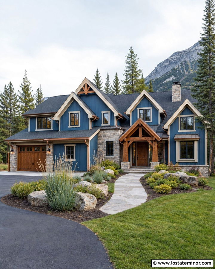 Denim Blue Mountain House With Stone Dormers - 30 Denim Blue House Design With Dormers Ideas