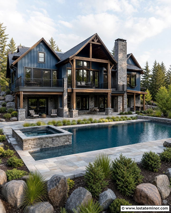 Denim Blue Mountain House With Stone Pool Surround - 30 Denim Blue House Design With Swimming Pool Ideas