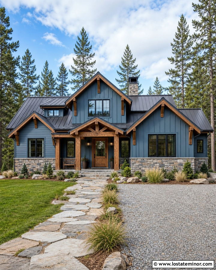Denim Blue Mountain House With Timber And Stone - 30 Denim Blue House Design With Accents Ideas