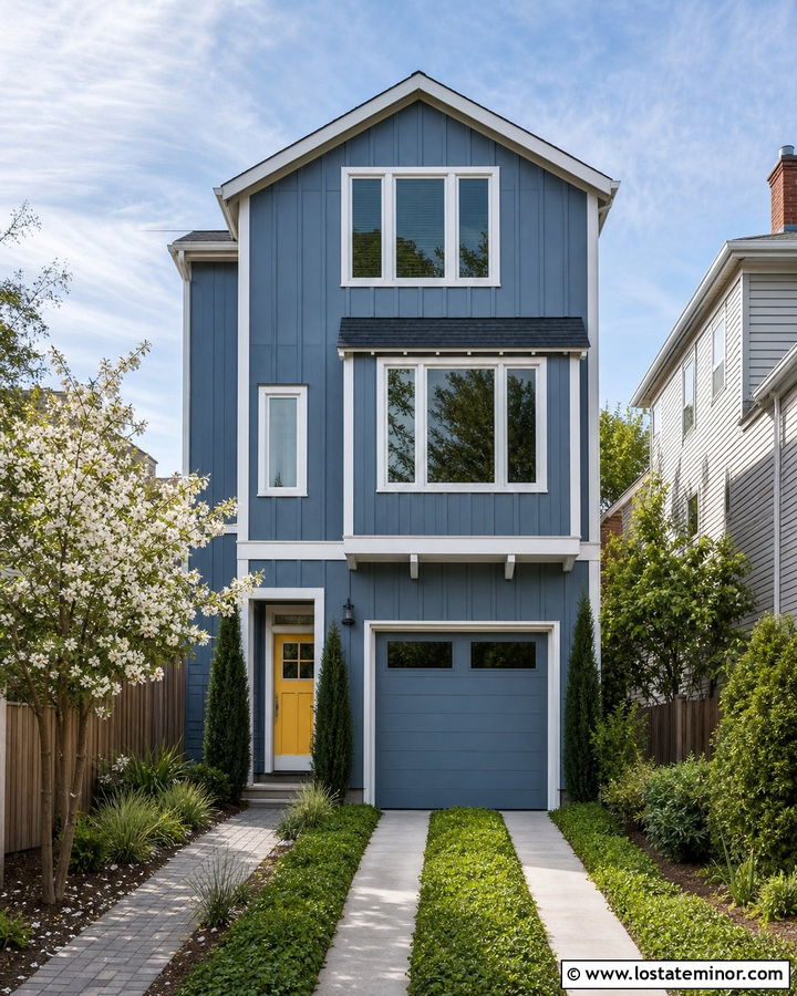 Denim Blue Narrow House With Concrete Strip Driveway - 30 Denim Blue House Design With Driveway Ideas