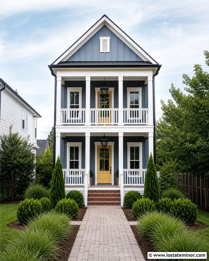 Denim Blue Narrow House With Paired Columns - 30 Denim Blue House Design With Porch Columns Ideas