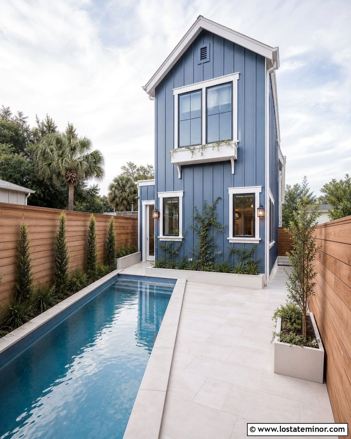 Denim Blue Narrow House With Side Yard Pool - 30 Denim Blue House Design With Swimming Pool Ideas