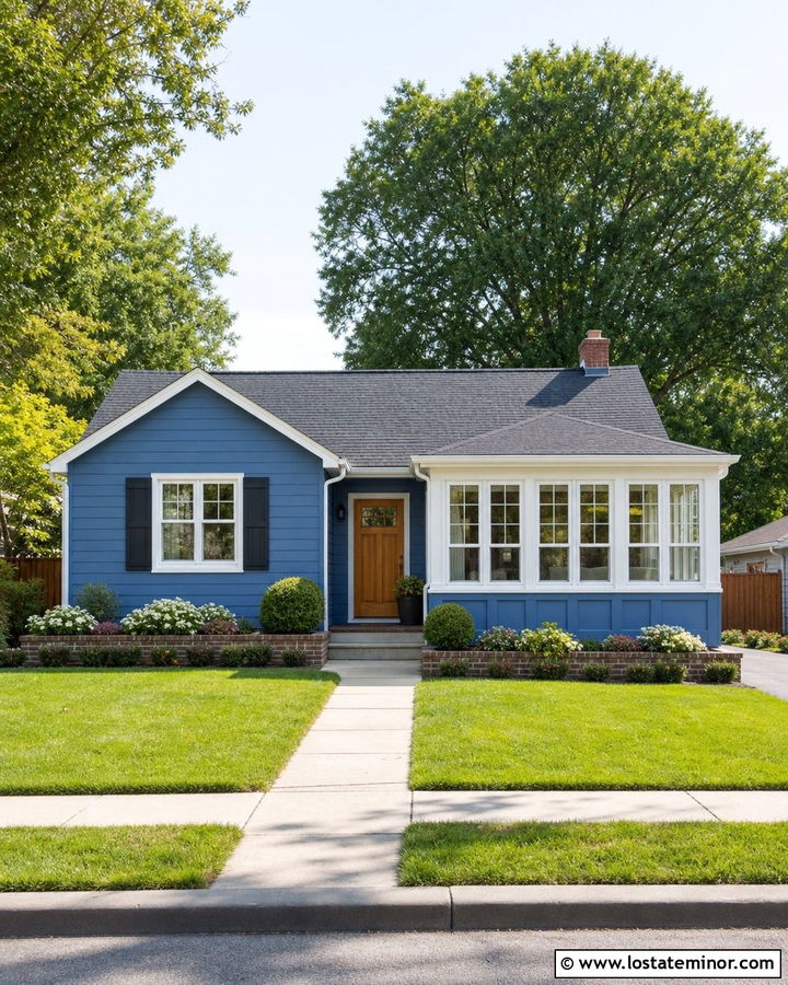 Denim Blue One Story House With Front Sunroom - 30 Denim Blue House Design With Sunroom Ideas