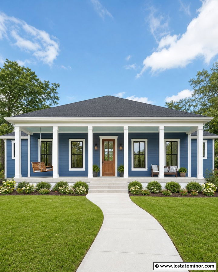 Denim Blue One Story House With Full Porch Columns - 30 Denim Blue House Design With Porch Columns Ideas