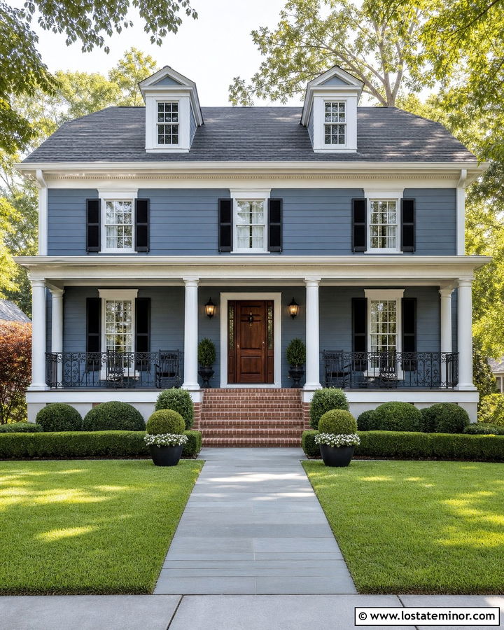 Denim Blue Porch With Black Iron Railings - 30 Denim Blue House Design With Railings Ideas