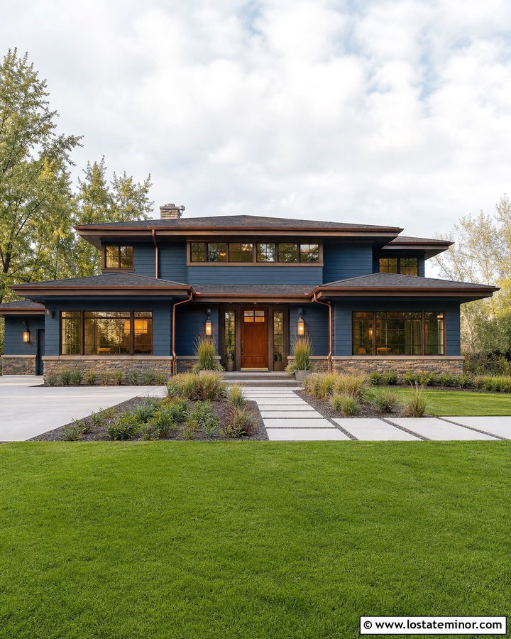 Denim Blue Prairie House With Copper Window Frames - 30 Denim Blue House Design With Window Frames Ideas