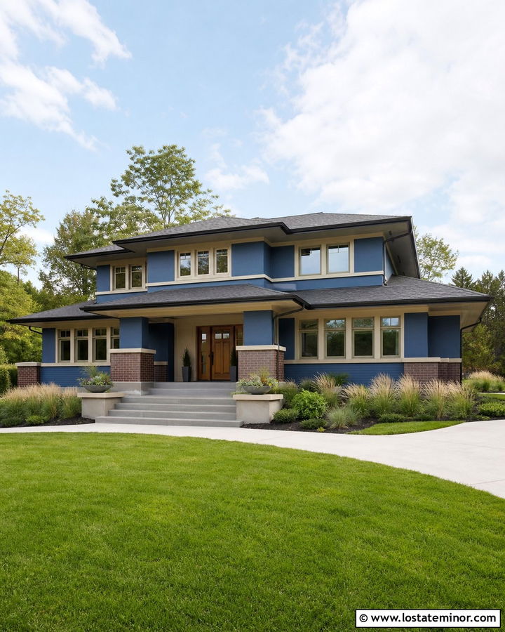 Denim Blue Prairie House With Deep Gray Shingles - 30 Denim Blue House Design With Shingles Ideas