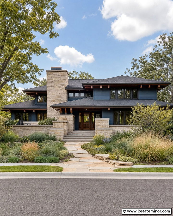 Denim Blue Prairie House With Limestone Chimney - 30 Denim Blue House Design With Chimney Ideas