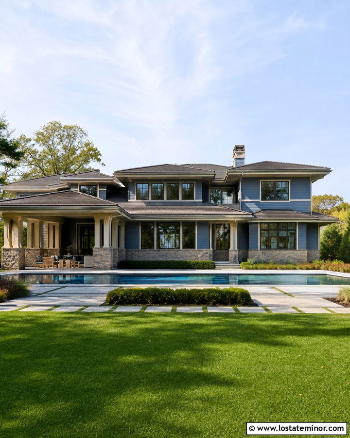 Denim Blue Prairie House With Long Lap Pool - 30 Denim Blue House Design With Swimming Pool Ideas
