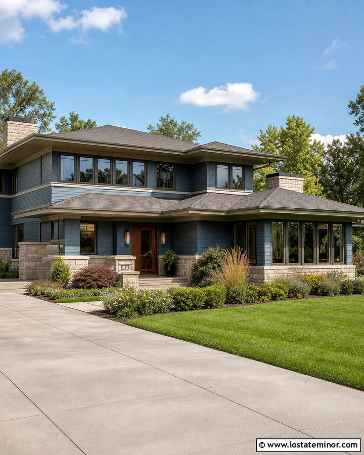 Denim Blue Prairie House With Low Roof Sunroom - 30 Denim Blue House Design With Sunroom Ideas