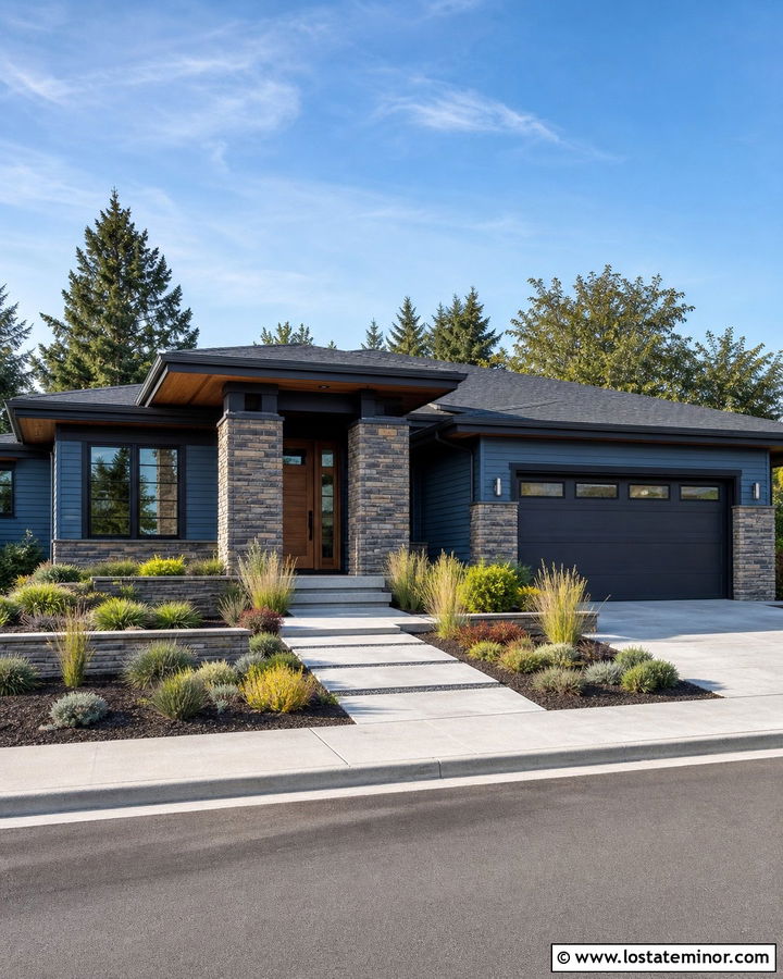Denim Blue Prairie House With Masonry Columns - 30 Denim Blue House Design With Porch Columns Ideas