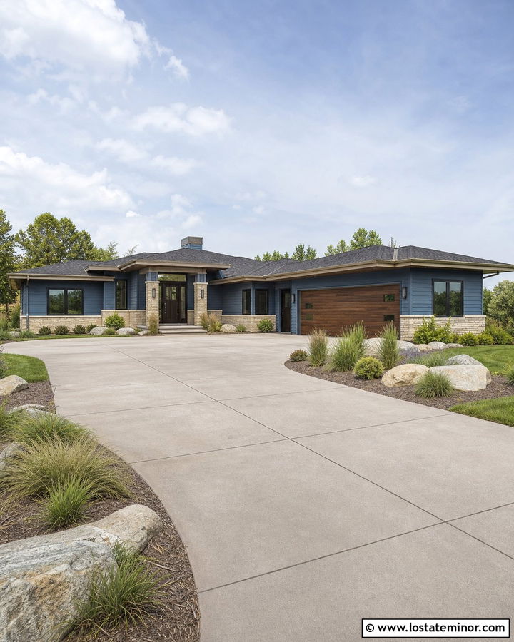 Denim Blue Prairie House With Tinted Concrete Driveway - 30 Denim Blue House Design With Driveway Ideas