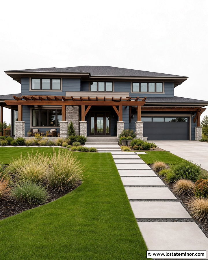 Denim Blue Prairie House With Wide Pergola - 30 Denim Blue House Design With Pergola Ideas