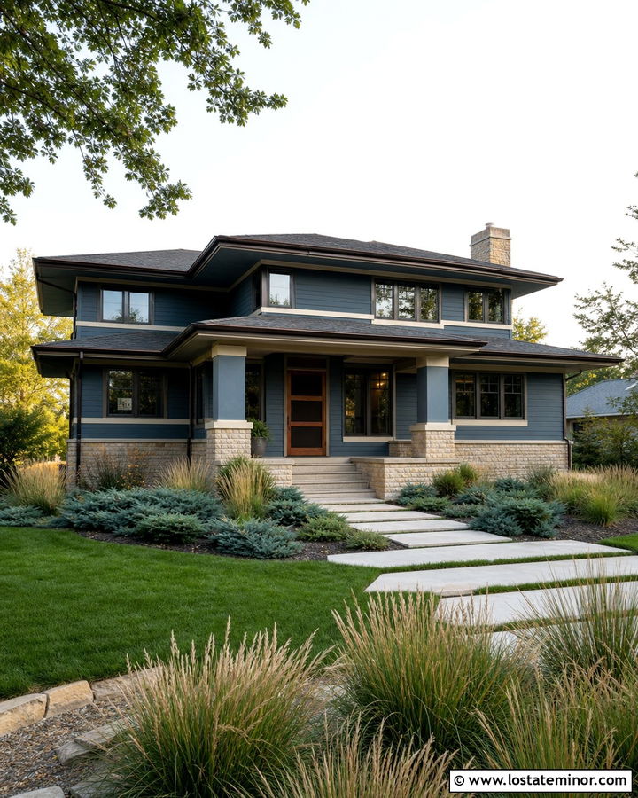 Denim Blue Prairie House With Wood Screen Door - 30 Denim Blue House Design With Screen Door Ideas