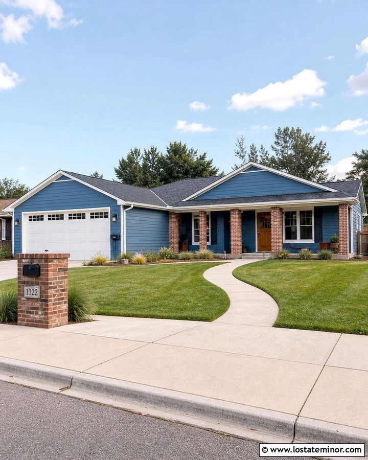 Denim Blue Ranch House With Brick Columns - 30 Denim Blue House Design With Brick Accents Ideas