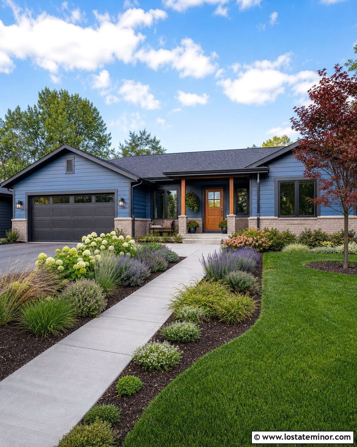 Denim Blue Ranch House With Charcoal Window Frames - 30 Denim Blue House Design With Window Frames Ideas