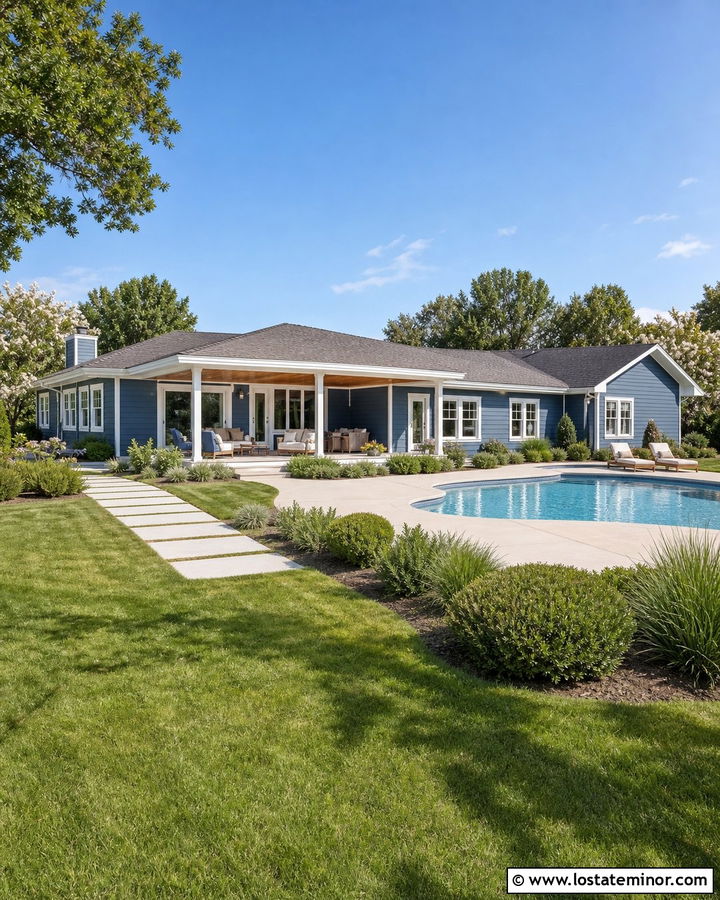 Denim Blue Ranch House With Curved Swimming Pool - 30 Denim Blue House Design With Swimming Pool Ideas