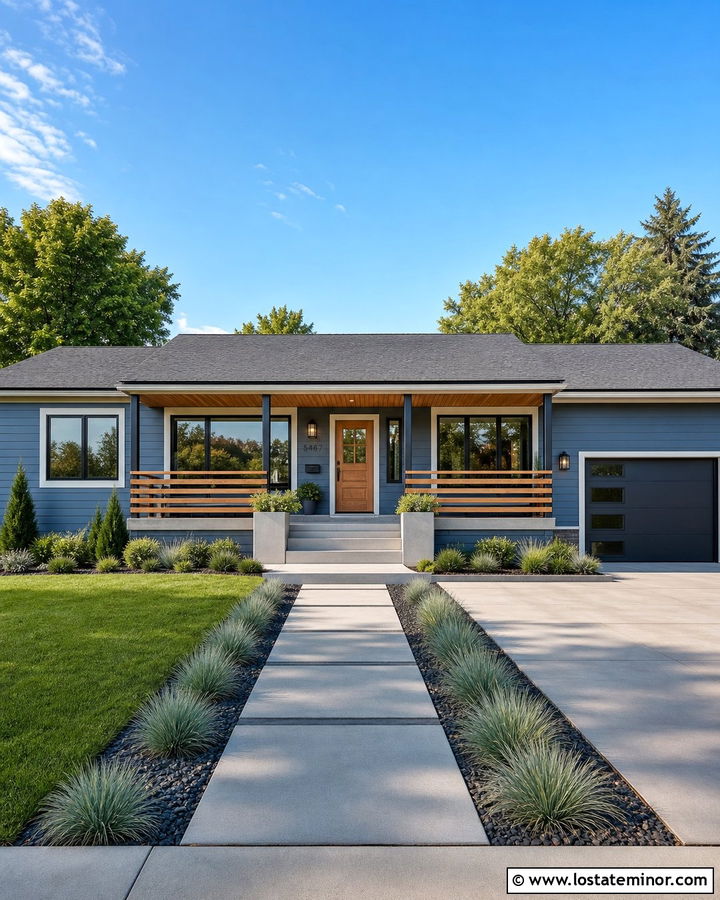Denim Blue Ranch House With Horizontal Railings - 30 Denim Blue House Design With Railings Ideas