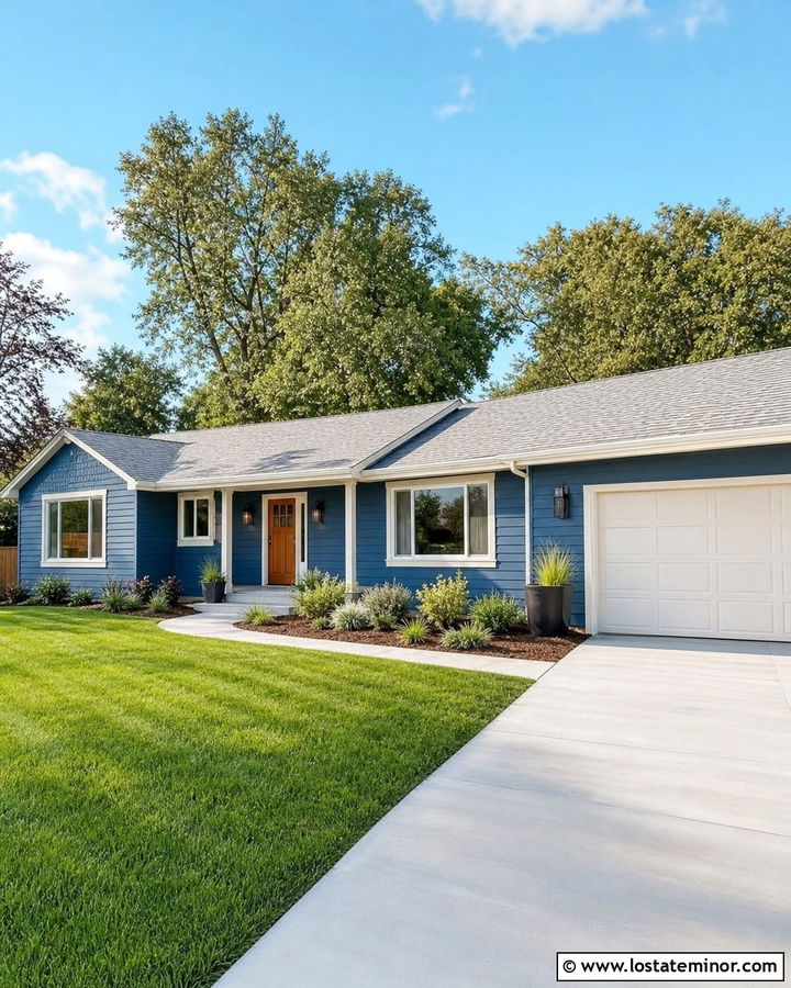 Denim Blue Ranch House With Light Gray Shingles - 30 Denim Blue House Design With Shingles Ideas