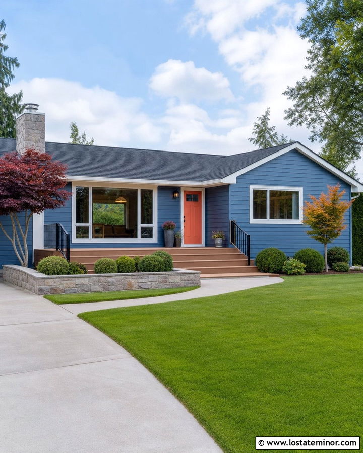 Denim Blue Ranch House With Low Deck - 30 Denim Blue House Design With Deck Ideas