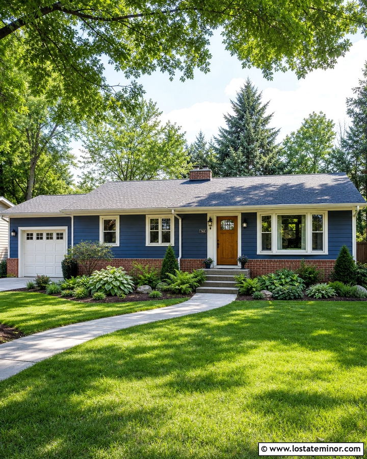 Denim Blue Ranch House With Red Brick And Hostas - 30 Denim Blue House Design With Landscaping Ideas