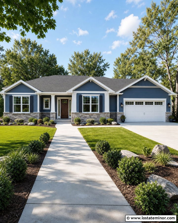 Denim Blue Ranch House With Stone Wainscoting - 30 Denim Blue House Design With Stone Accents Ideas