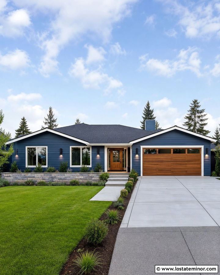 Denim Blue Ranch House With Up And Down Lights - 30 Denim Blue House Design With Lighting Ideas