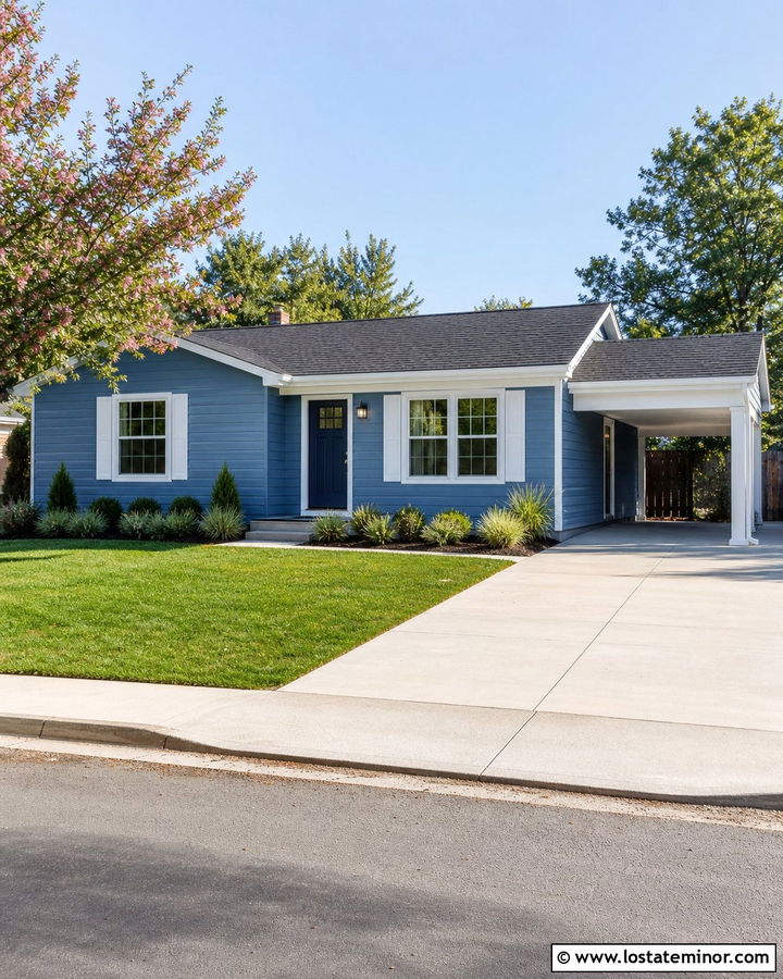 Denim Blue Ranch House With White Carport - 30 Denim Blue House Design With Carport Ideas