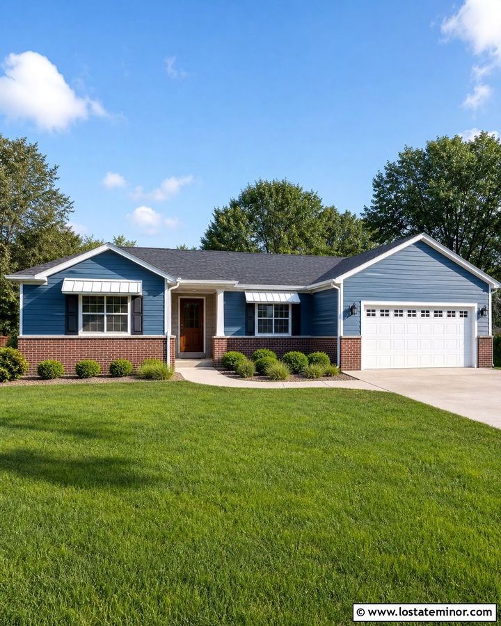 Denim Blue Ranch House With Window Awnings - 30 Denim Blue House Design With Awning Ideas