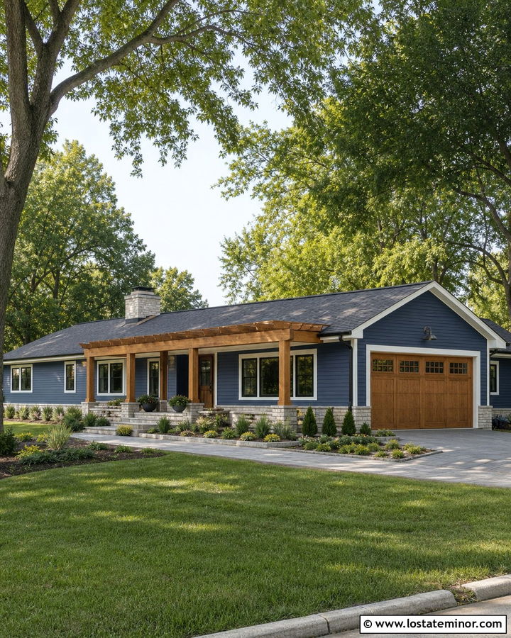 Denim Blue Ranch House With Wood Pergola - 30 Denim Blue House Design With Pergola Ideas