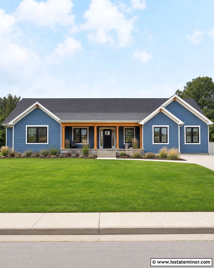 Denim Blue Ranch With Cedar Porch Columns - 30 Denim Blue House Design With Porch Columns Ideas
