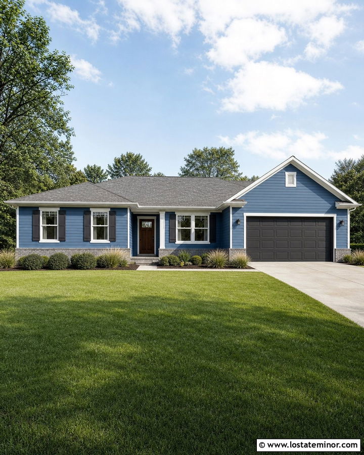 Denim Blue Ranch With Charcoal Shutters - 30 Denim Blue House Design With Shutters Ideas